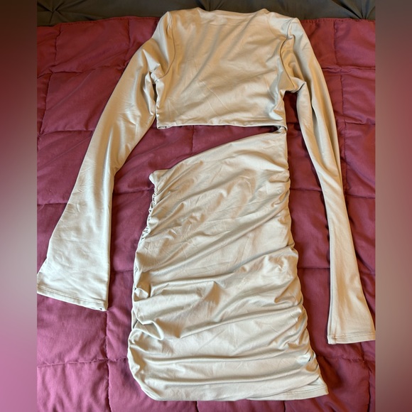 Oh Polly Long Sleeve Twist Neckline Cut Out Mini Dress in Beige - Picture 4 of 5